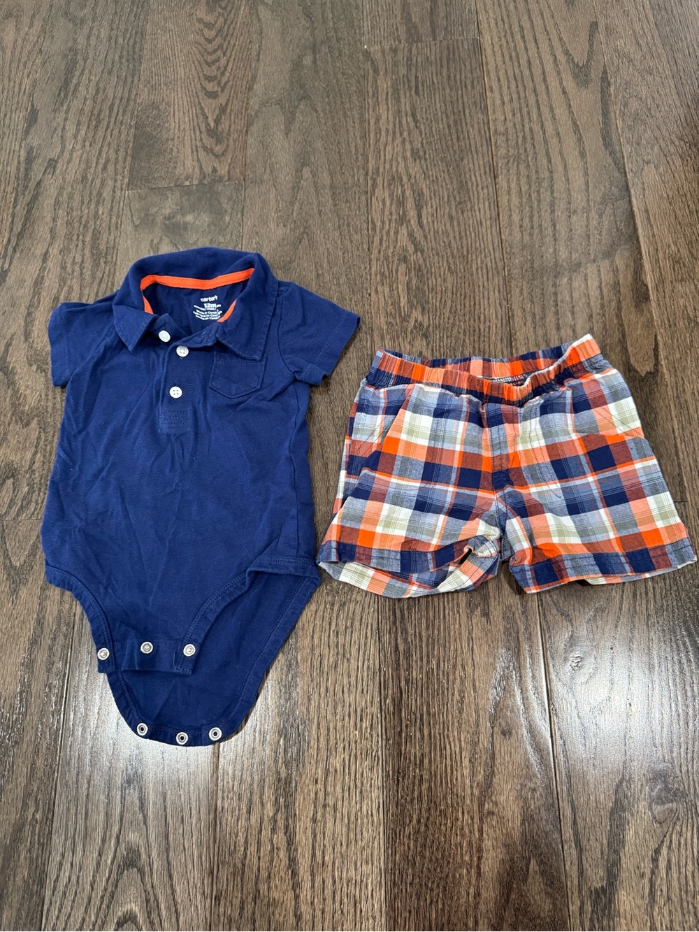 Carter's Navy Polo Bodysuit with Orange & Blue Plaid Shorts